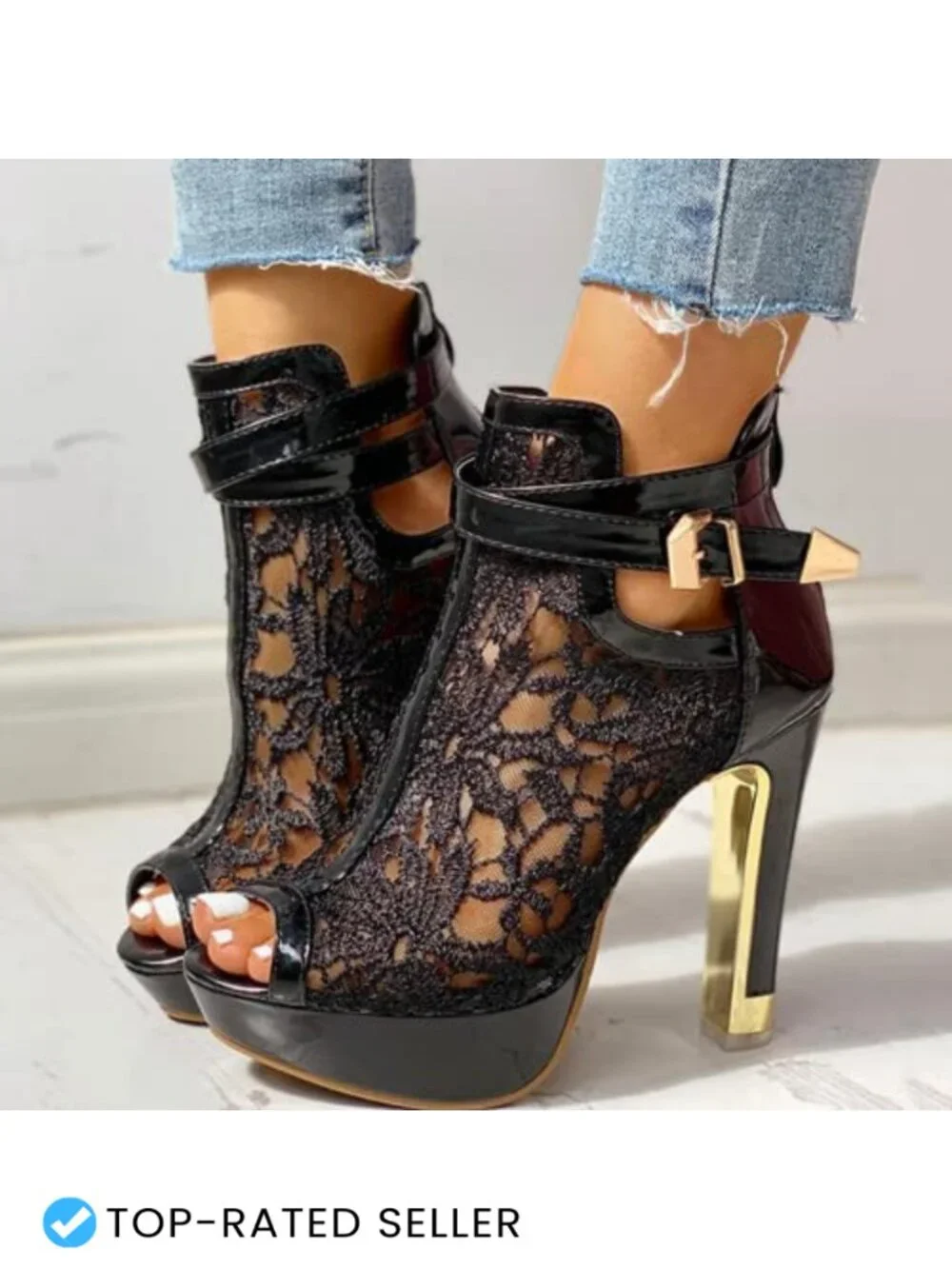 BORAMAX Women's Lace Flowers Open Toes High Heels Ankle Boots Platform Peep Toe